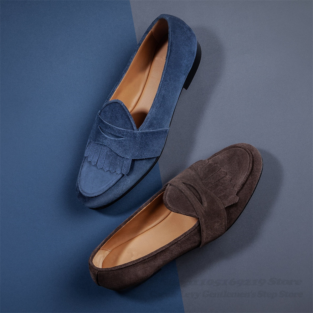 Men Shoes Elegant - Navy Blue Suede Loafers Men Round